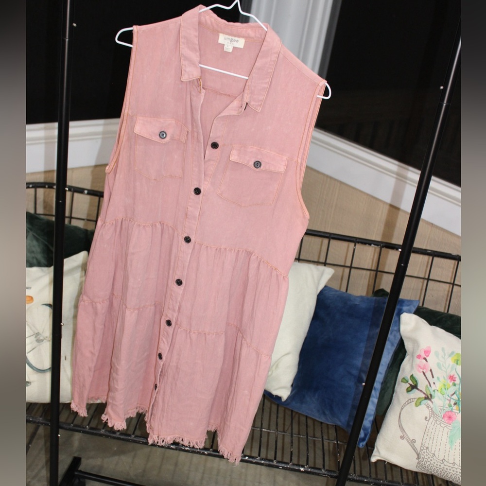 Umgee Dusty Rose Button-Down Dress | Sleeveless Raw Hem Boho Top